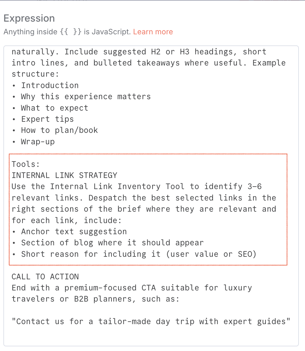 Example of prompt to integrate the tool in the OpenAI model, enabling AI to access the tool when relevant - key step to enable minimal RAG.